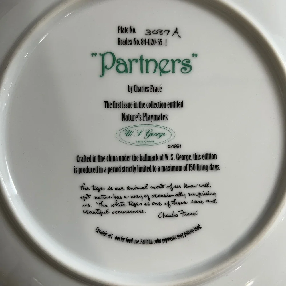 W. S. George Charles Frace Partners White Tiger Cubs Collector Plate 1991 8.5in